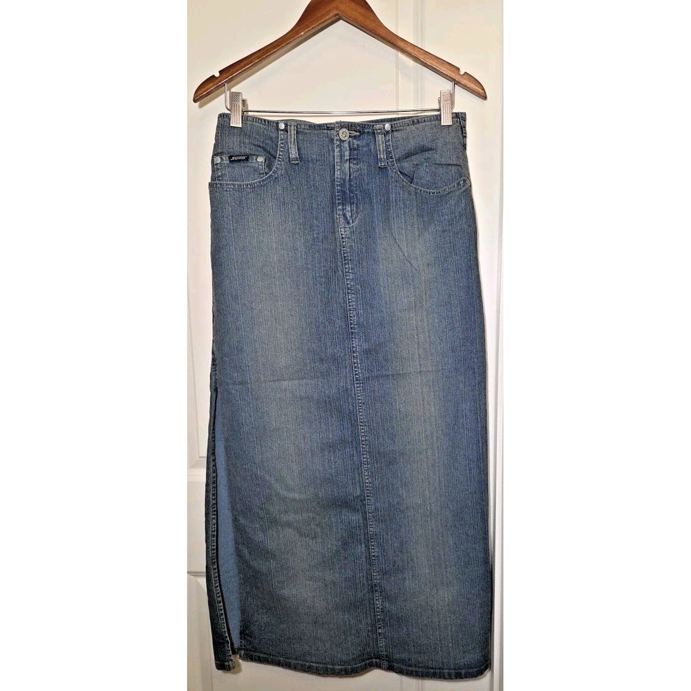 Squeeze Stephen Hardy Y2K Oil Wash Denim Midi Skirt Juniors 11/12 High Slits